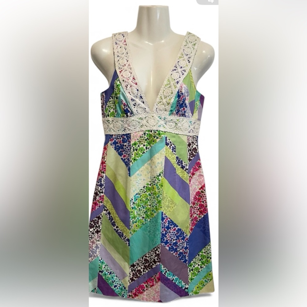 Trina Turk Dress Womens 
Floral Patchwork Lace Colorful Cottagecore Boho Sz 2